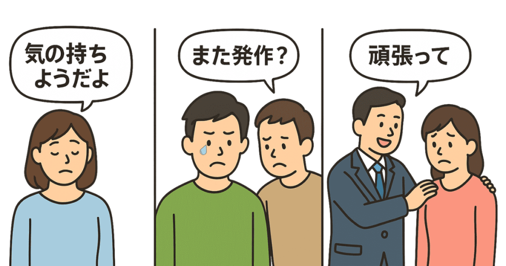 パニック障害の人に言ってはいけない言葉の例を示す3コマイラスト:『気の持ちようだよ』『また発作?』『頑張って』