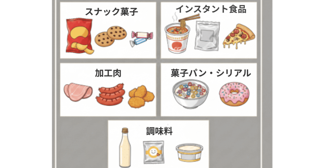 超加工食品の例を示すイラスト。スナック菓子、インスタント食品、加工肉、菓子パン・シリアル、調味料・その他の分類をわかりやすく図解。
