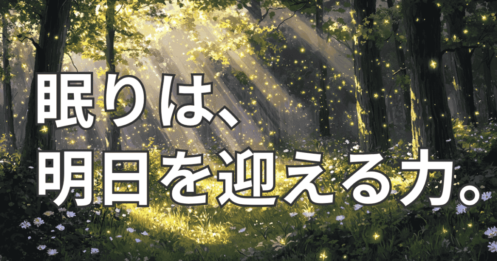 「眠りは、明日を迎える力。」というメッセージを示すまとめ画像。寝たくない夜の心理をやさしく受け止め、眠りが明日への回復と希望につながることを伝えるデザイン。