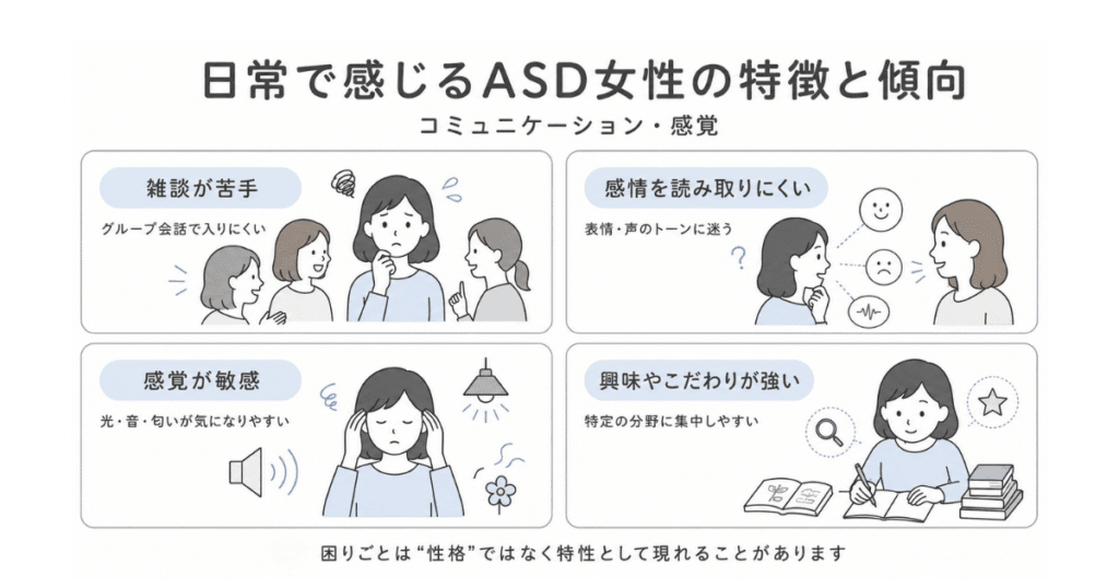 日常で感じるASD女性の特徴と傾向をまとめた図解。雑談が苦手、感情を読み取りにくい、感覚が敏感、興味やこだわりが強いという4つの特徴を紹介している