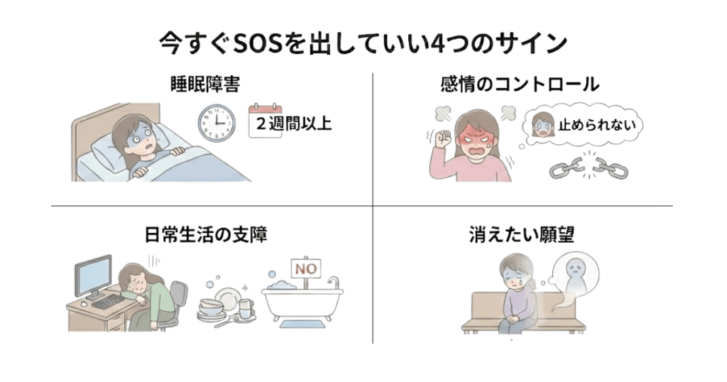 図解「今すぐSOSを出していい4つのサイン」:1.睡眠障害(不眠2週間超、または全く眠れない日2〜3日。眠れない女性のイラスト)、2.感情のコントロール(怒鳴る・手が出そう、「止められない」怖さ。怒る女性と鎖が切れるイラスト)、3.日常生活の支障(仕事・家事・入浴ができない。机でうなだれる女性と滞った家事のイラスト)、4.消えたい願望(「いなくなりたい」と一瞬でも。ベンチでうつむき魂が抜けるような女性のイラスト)の4点を解説。