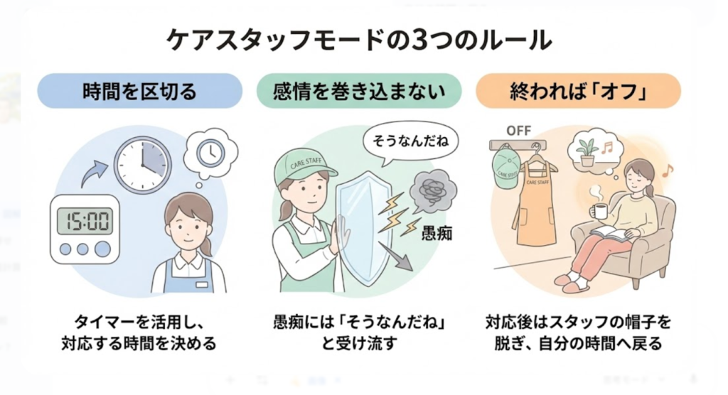 図解「ケアスタッフモードの3つのルール」:1.時間を区切る(タイマーで15分などに設定して対応)、2.感情を巻き込まない(ケアスタッフの帽子を被り、愚痴を透明な盾で防ぎ「そうなんだね」と受け流す)、3.終われば「オフ」(帽子とエプロンを脱ぎ、自分の時間に戻ってリラックスする様子)の3点をイラストで解説。