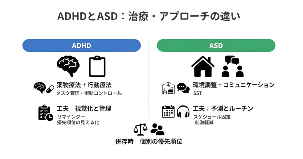 ADHDとASDのアプローチの違いを比較図にしたもの