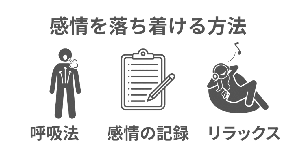 アスペルガー(ASD)の執着を和らげるためのセルフケア方法3例。呼吸法・リラクゼーション・感情の記録で不安を落ち着ける工夫を示す図解。