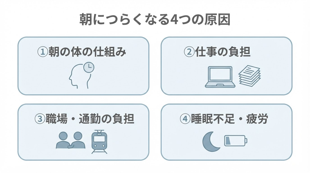 朝に仕事に行きたくないつらさが強くなる4つの原因。朝の体の仕組み、仕事の負担、職場・通勤の負担、睡眠不足・疲労の4つの視点を整理した図解