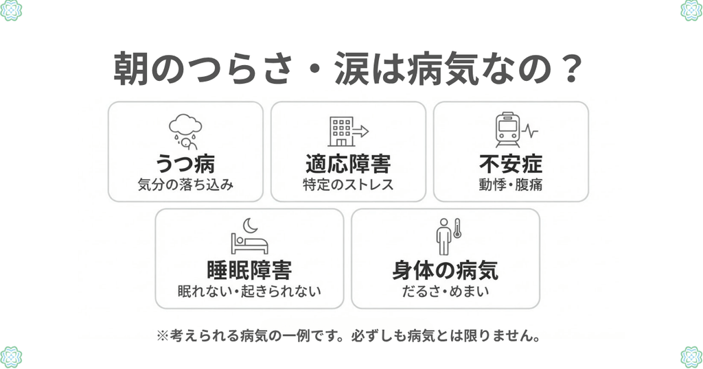 朝のつらさや涙に関連して考えられる病気の例を示した図解。うつ病、適応障害、不安症、睡眠障害、身体の病気の5つを紹介。朝のつらさが必ずしも病気によるものとは限らない。